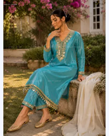 Roman Glass Sky Blue 2PC Suit —  Mirror Work & Coin Lace | Graceify Fashion