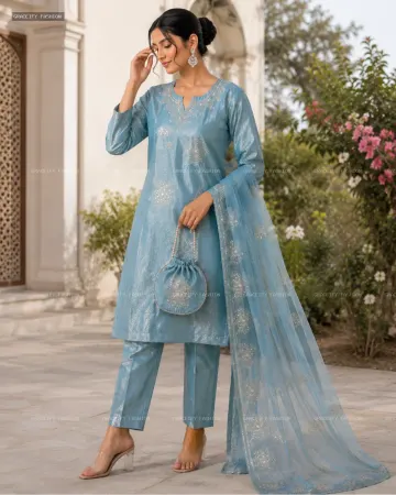 Roman Glass Steel Blue 3PC Suit Set —  Floral Embroidery with Potli Bag | Graceify Fashion
