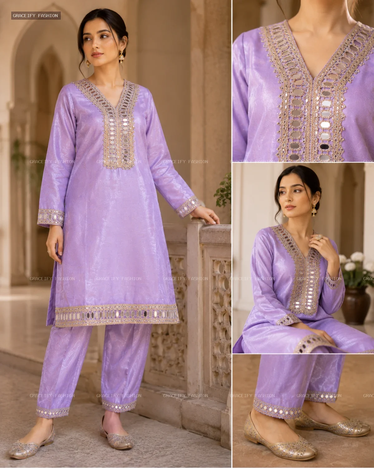 Roman Glass Lavender 2PC Suit — Heavy Mirror Work | Graceify Fashion