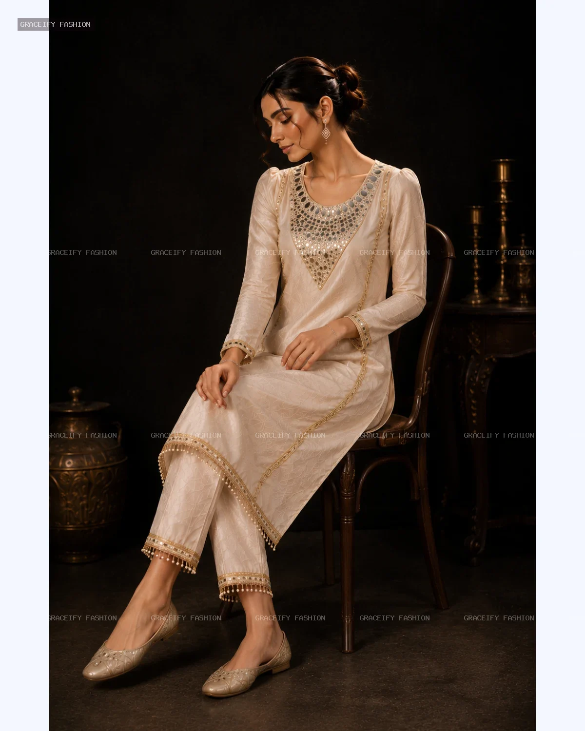 Roman Glass Off White 2PC Suit — Heavy Mirror Work & Pearl Lace | Graceify Fashion