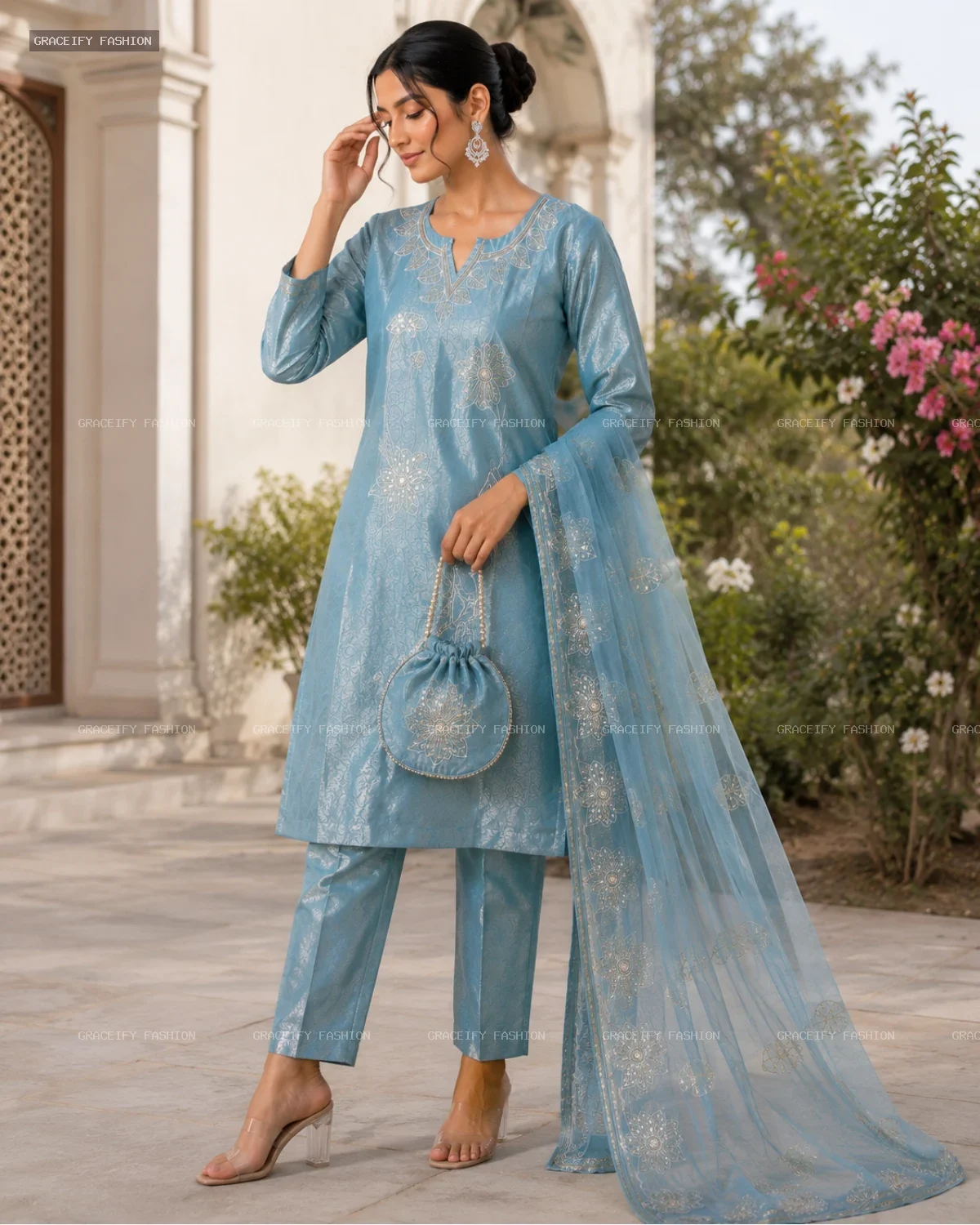 Roman Glass Steel Blue 3PC Suit Set —  Floral Embroidery with Potli Bag | Graceify Fashion