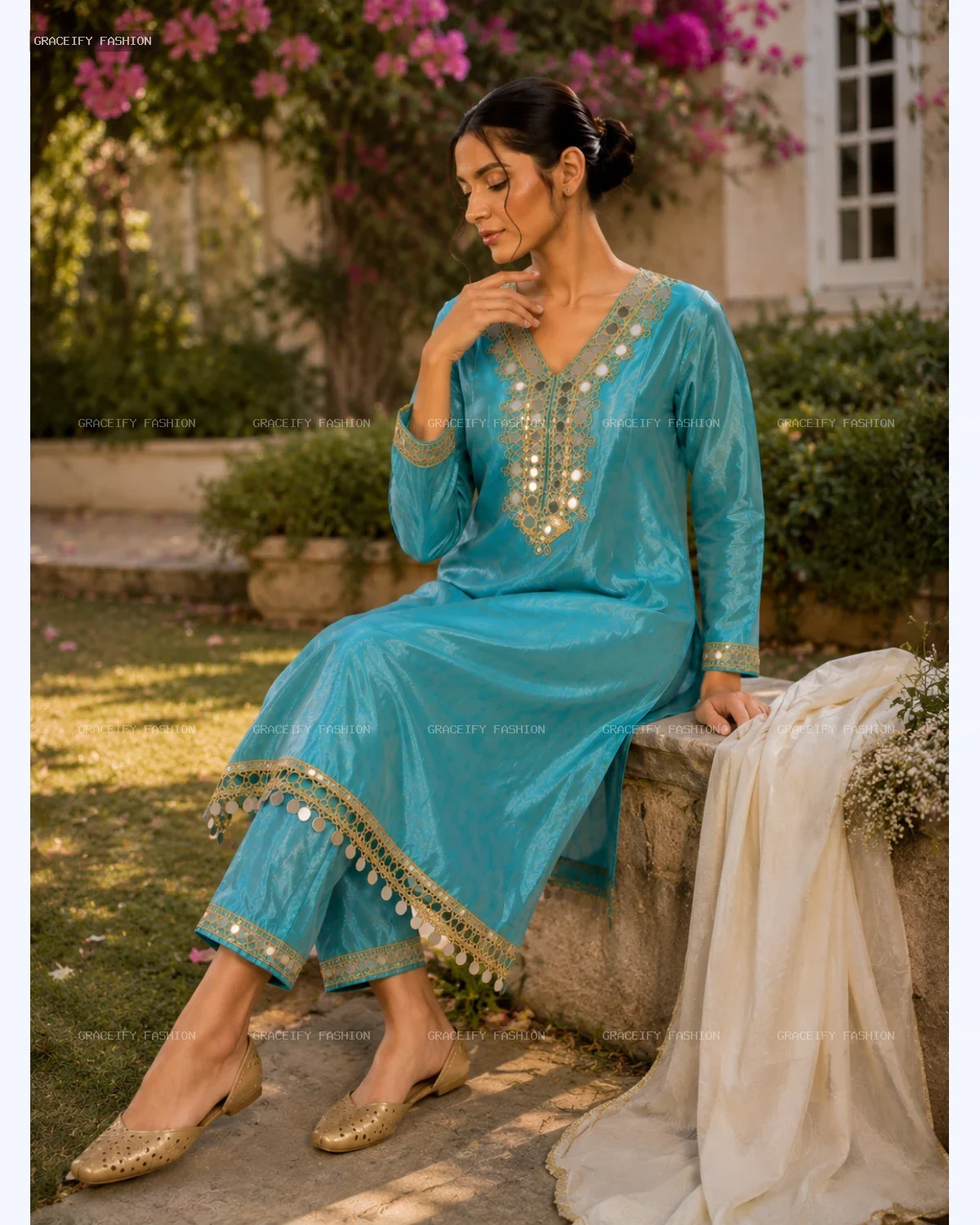 Roman Glass Sky Blue 2PC Suit — Mirror Work & Coin Lace | Graceify Fashion