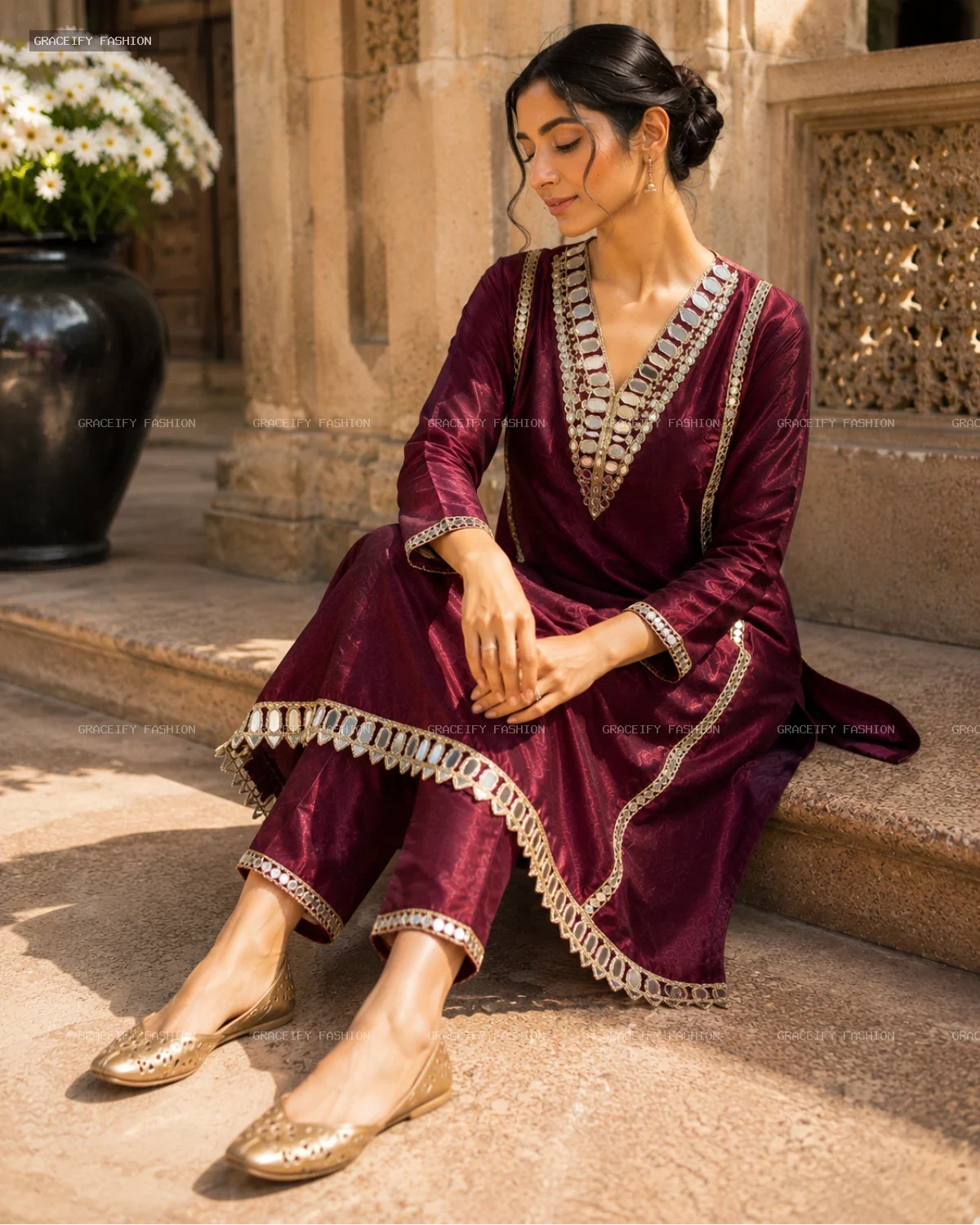 Roman Glass Wine 2PC Suit — Heavy Mirror Work | Graceify Fashion