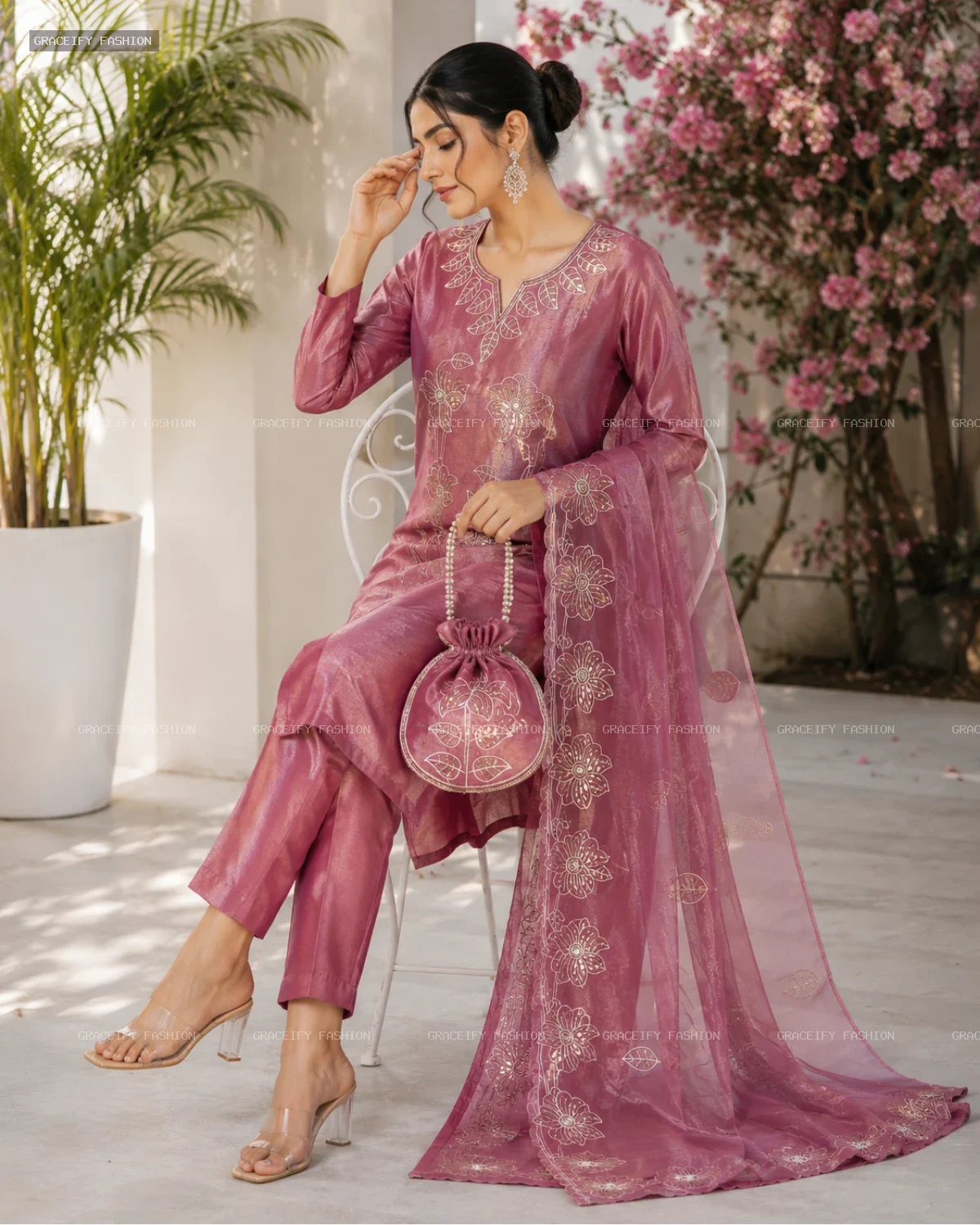 Roman Glass Dusty Rose 3PC Suit Set —  Floral Embroidery with Potli Bag | Graceify Fashion