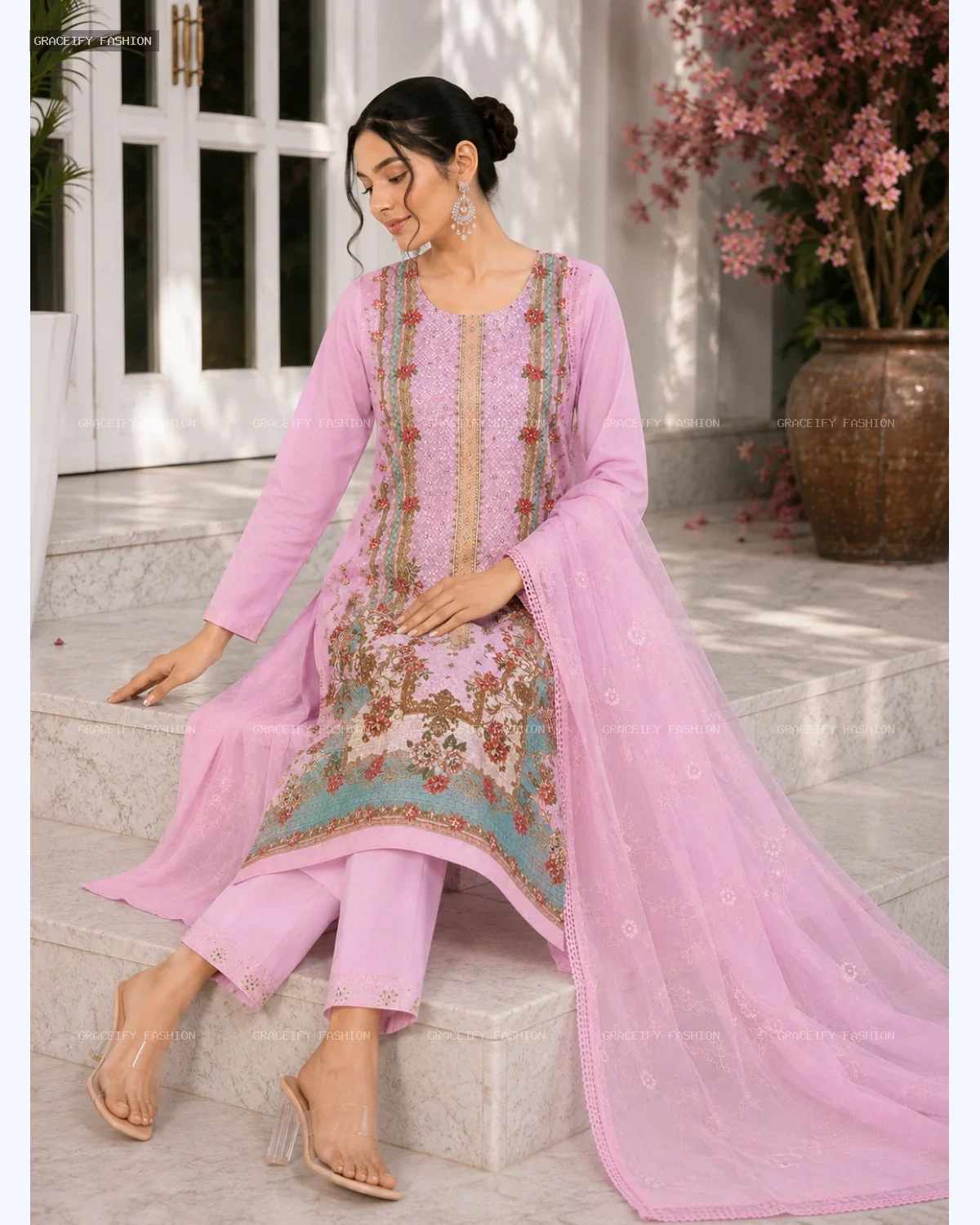 Cotton Baby Pink 3PC Suit —  Digital Floral Print with Net Dupatta | Graceify Fashion