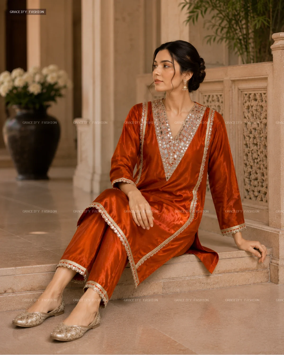 Roman Glass Rusty Orange 2PC Suit — Heavy Mirror Work | Graceify Fashion