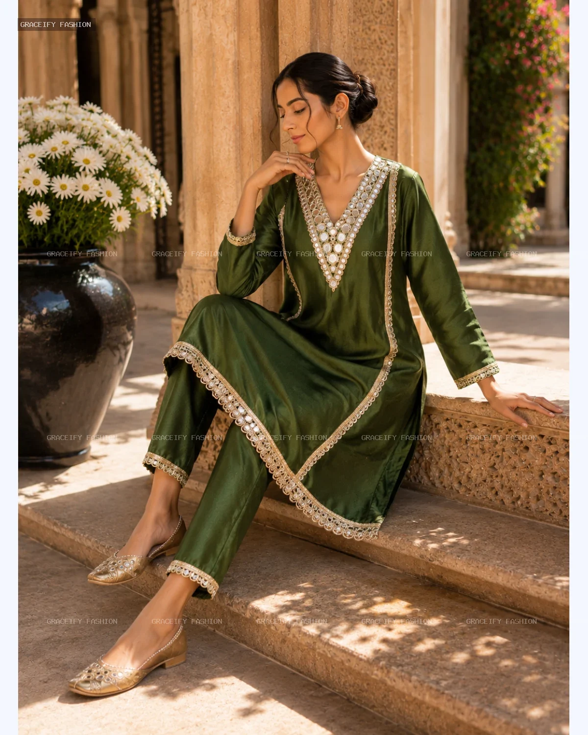 Roman Glass Bottle Green 2PC Suit — Heavy Mirror Work | Graceify Fashion