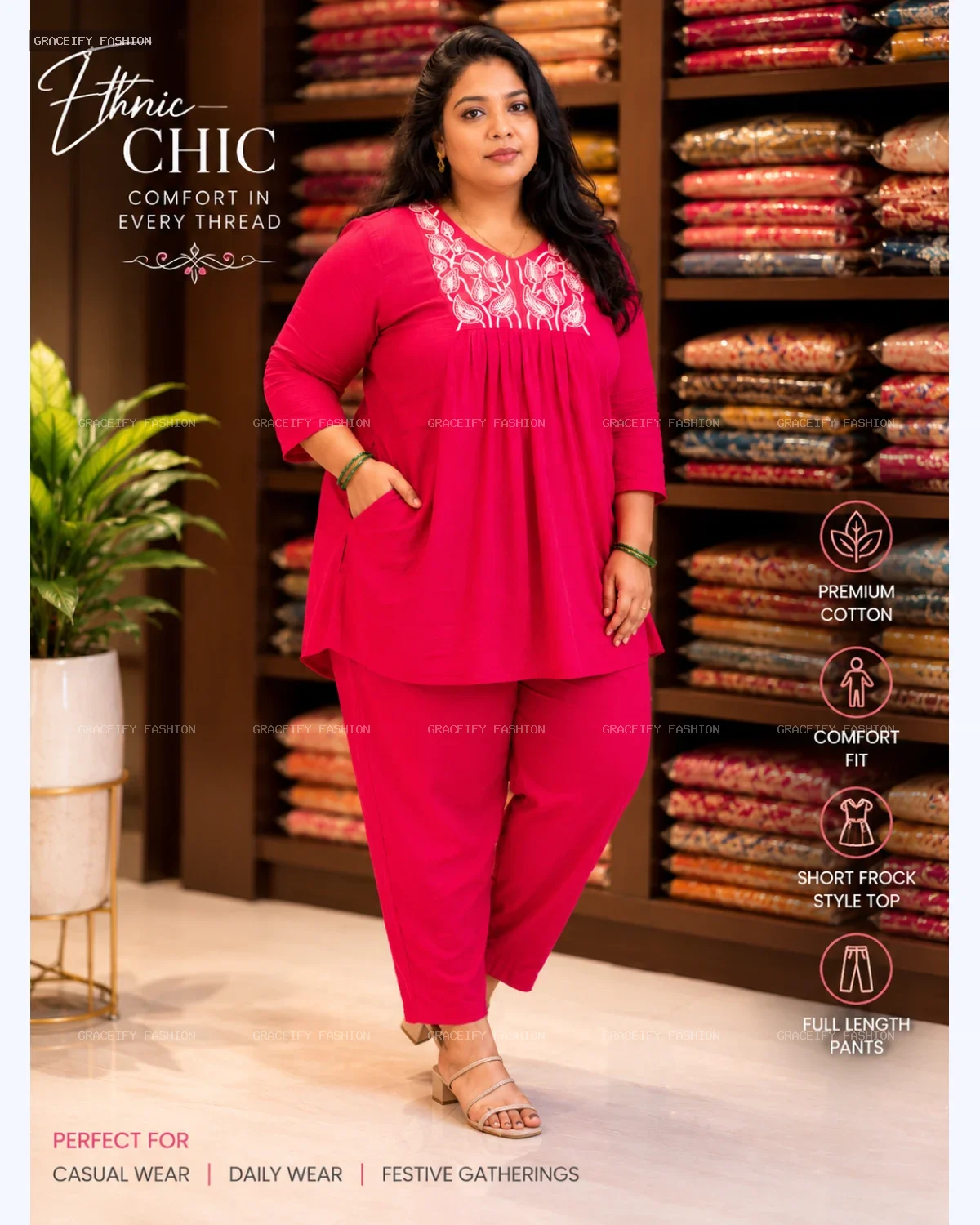 Graceify Women's Plus Size Rayon Short Frock Style Co-ord Set with Embroidery – Pink