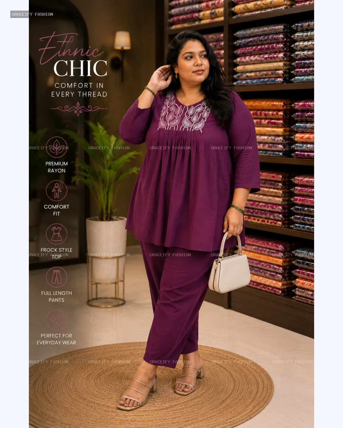 Graceify Women's Plus Size Rayon Embroidered Short Frock Style Co-ord Set – Vine Purple