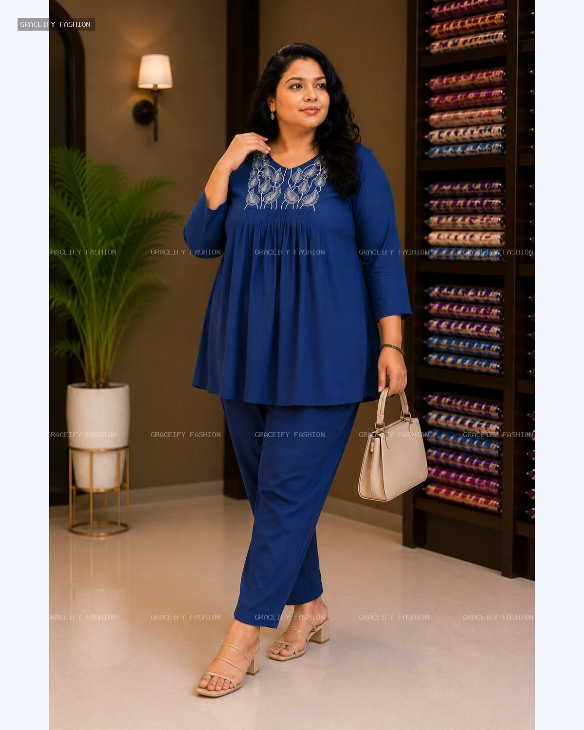 Graceify Women's Plus Size Dark Blue Rayon Embroidered Short Frock Style Co-ord Set