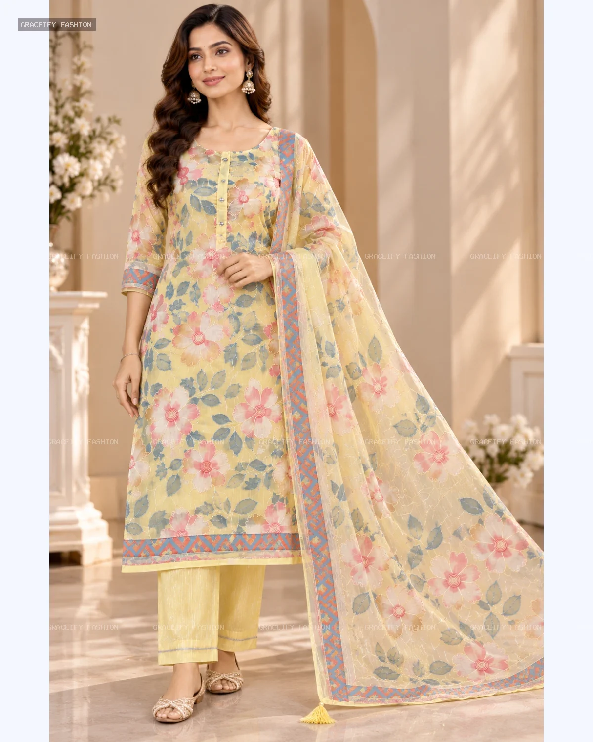 Organza Cotton Floral Suit Set with Dupatta – 3 Piece