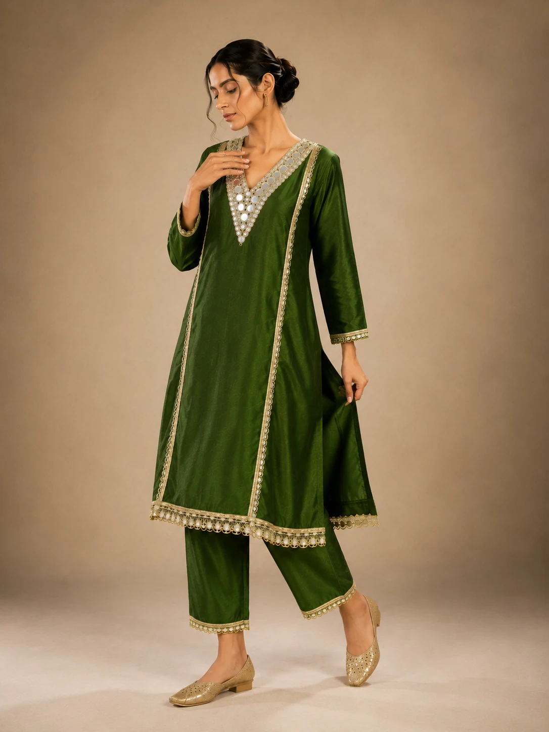 Roman Glass Bottle Green 2PC Suit — Heavy Mirror Work | Graceify Fashion
