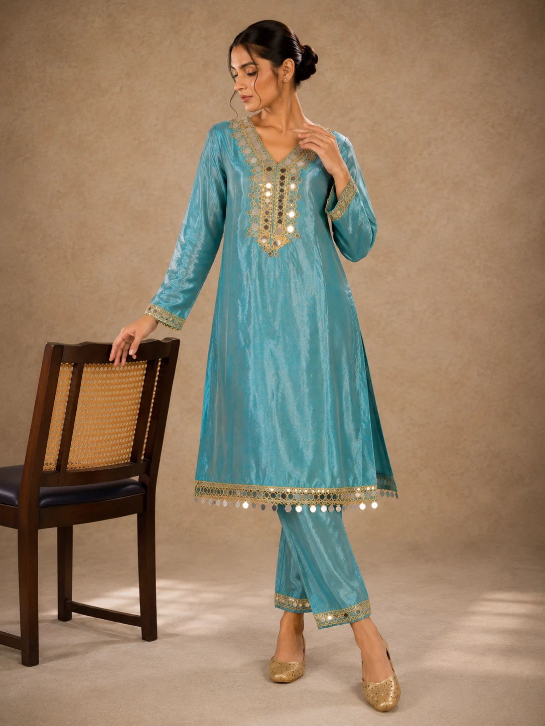 Roman Glass Sky Blue 2PC Suit — Mirror Work & Coin Lace | Graceify Fashion