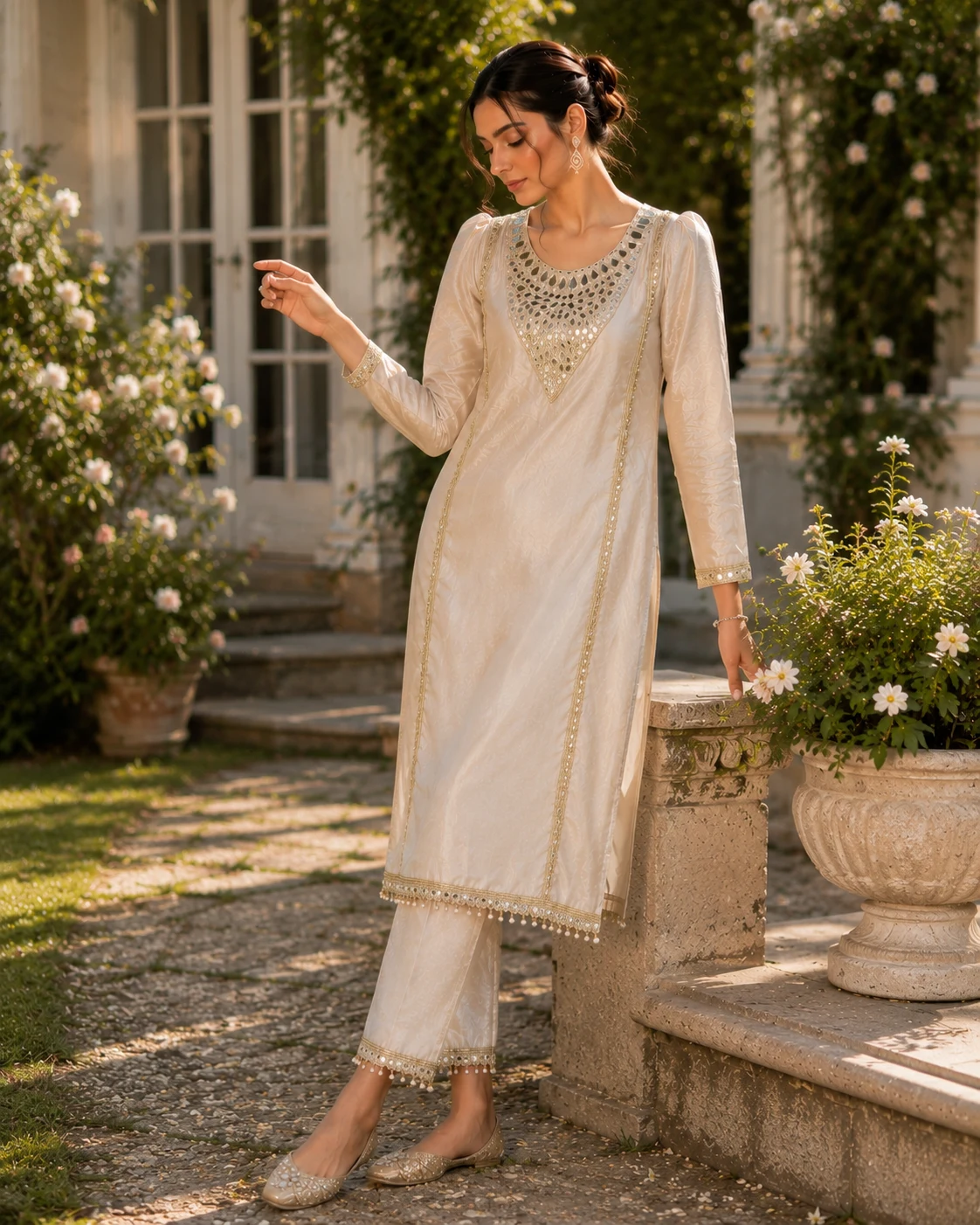 Roman Glass Off White 2PC Suit — Heavy Mirror Work & Pearl Lace | Graceify Fashion