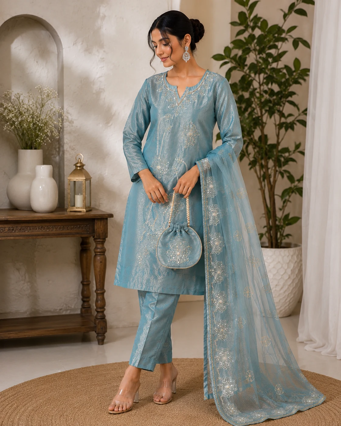 Roman Glass Steel Blue 3PC Suit Set —  Floral Embroidery with Potli Bag